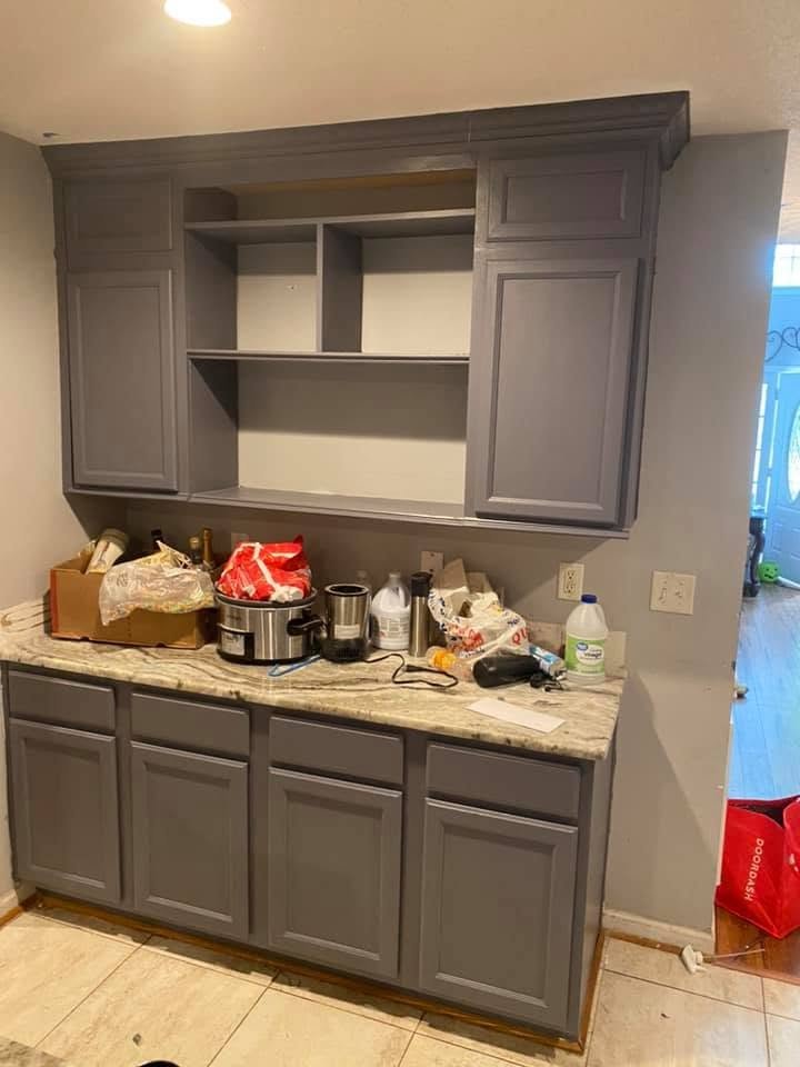Kitchen cabinets fully painted slate grey with doors reinstalled and granite countertop — Metro Atlanta, GA